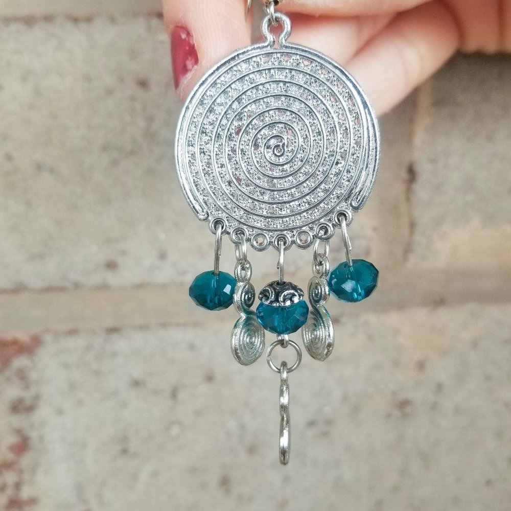 Boho gypsy Teal beads Chandelier earrings spiral casual